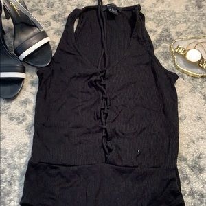 Black Caged Ribbed Lace Up Bodysuit